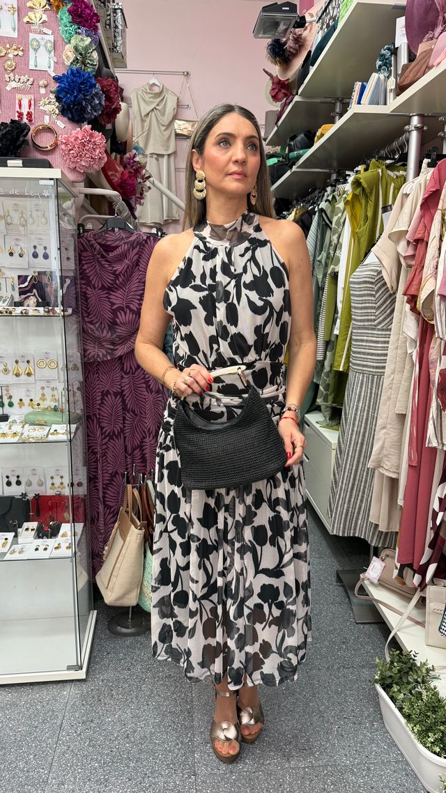 VESTIDO DRAPEADO BLANCO Y NEGRO. S-M