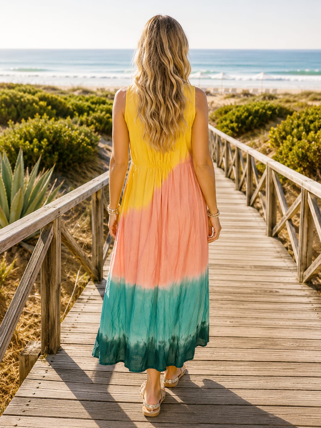 Vestido Elba. Amarillo, Coral y Verde Degradé.