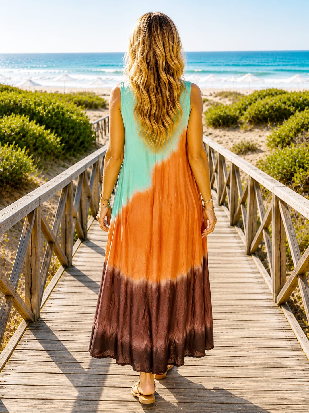 Vestido Elba. Agua Marina, Caldera y Marrón.