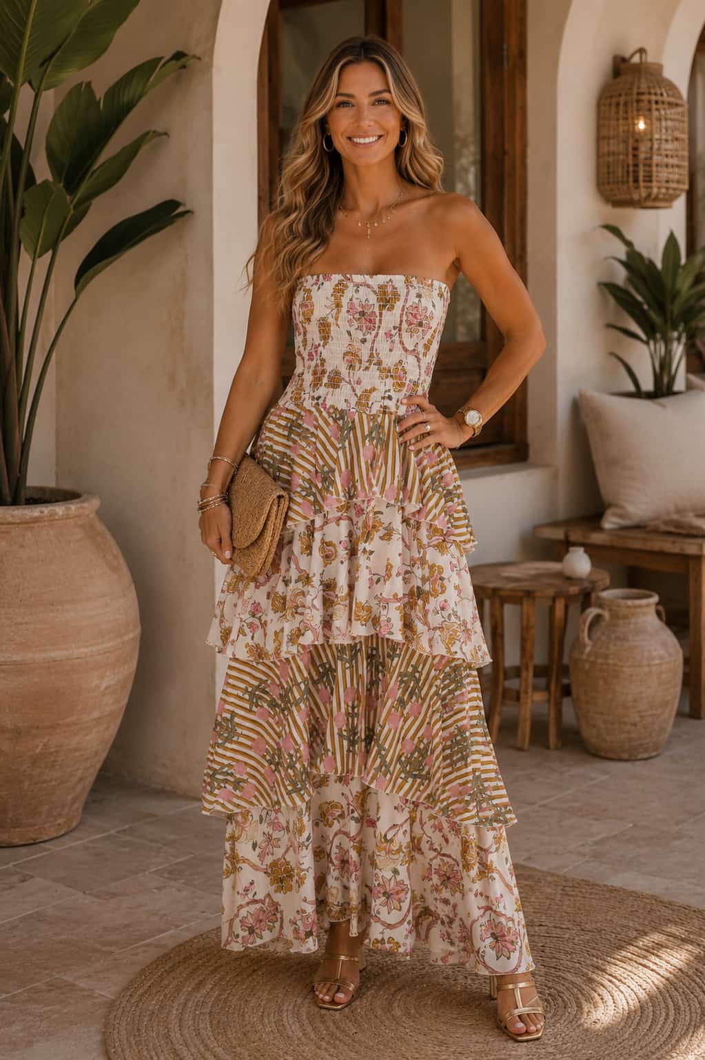 Vestido Marbella. Marfil, verde oliva, rosa empolvado y arena.