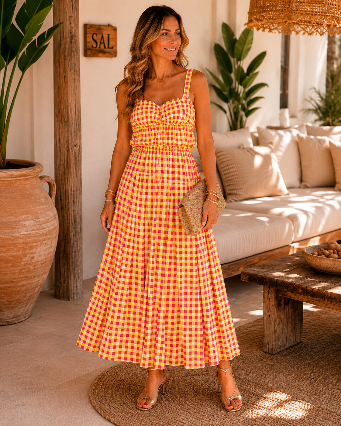 Vestido Positano. Amarillo lima, fucsia y coral.