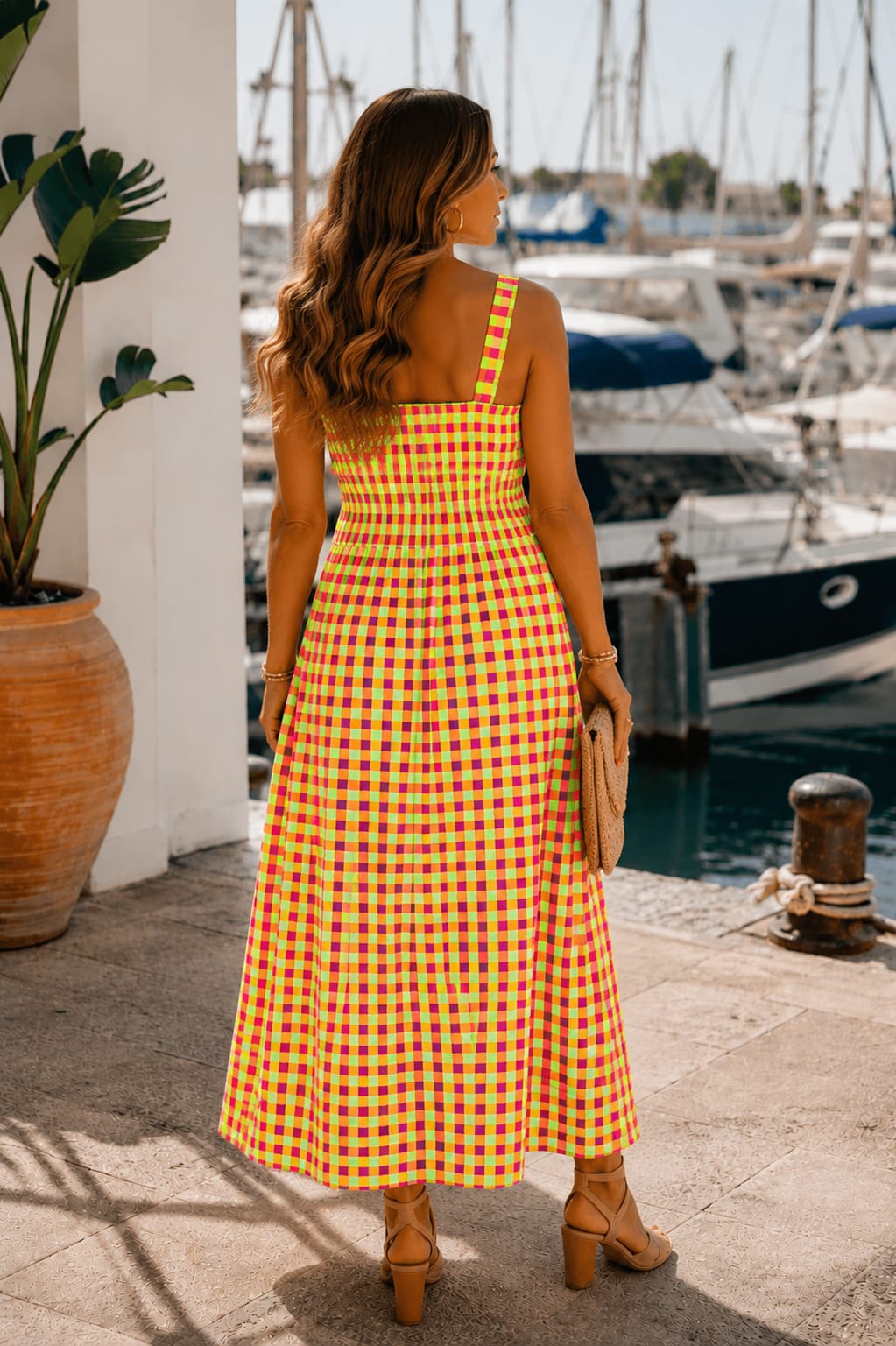 Vestido Positano. Amarillo lima, fucsia y coral.
