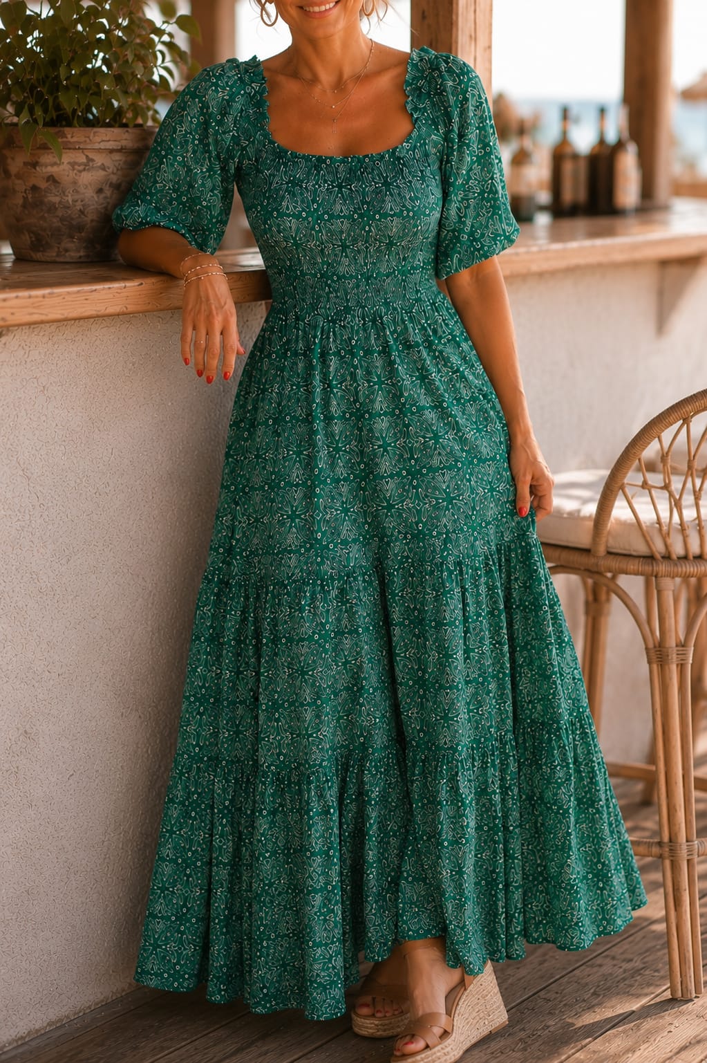 Vestido Lucca. Verde esmeralda, verde agua y blanco.