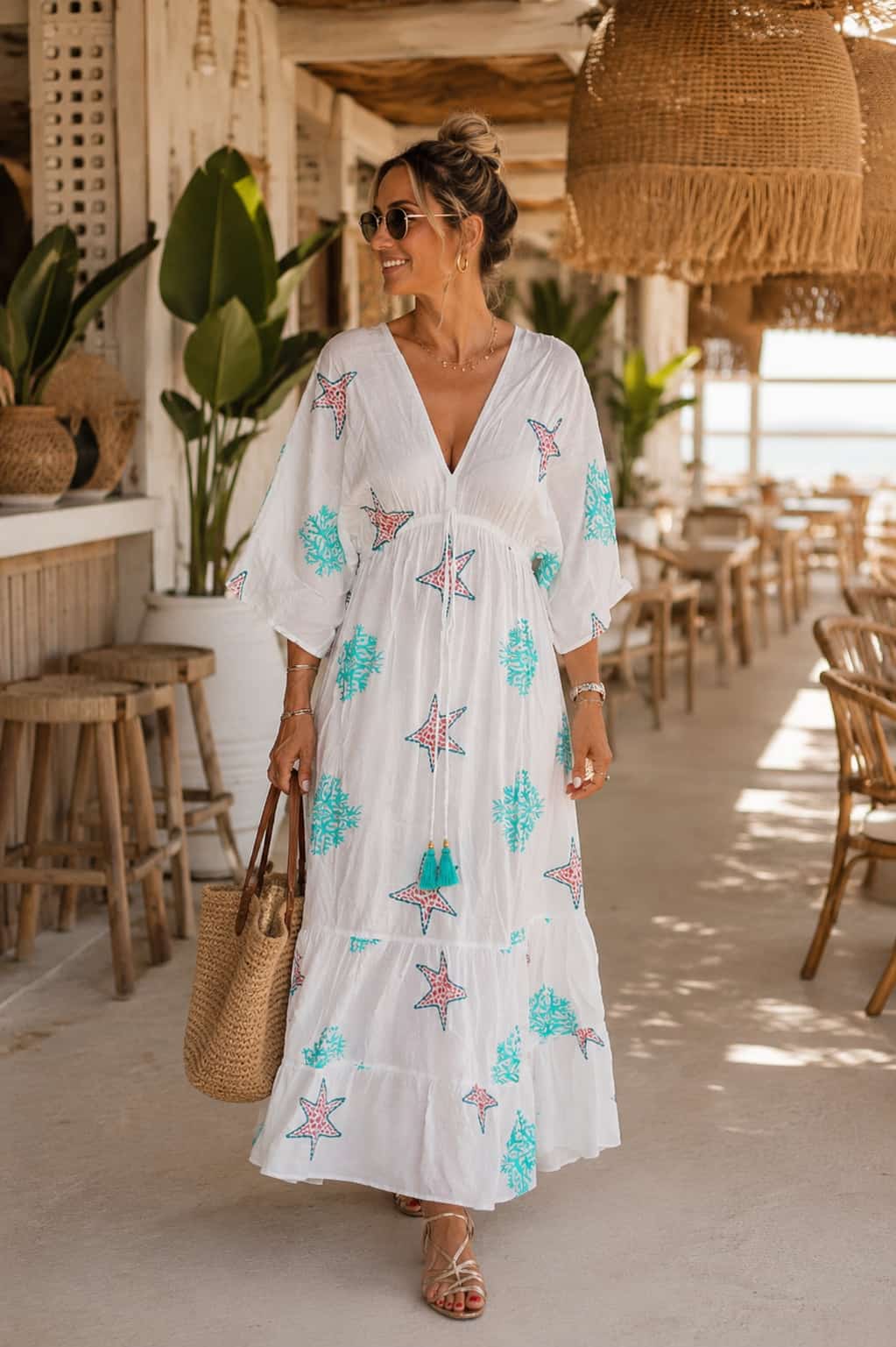 Vestido Mediterráneo. Blanco, Turquesa y Agua Coral.