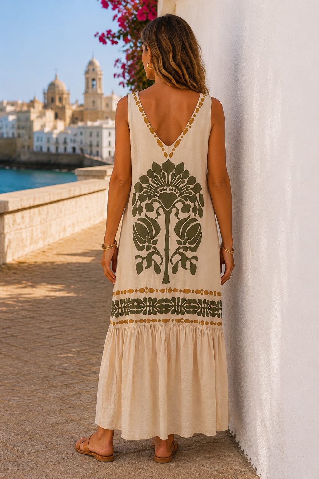 Vestido Capri. Beige, Mostaza y Vede Oscuro.