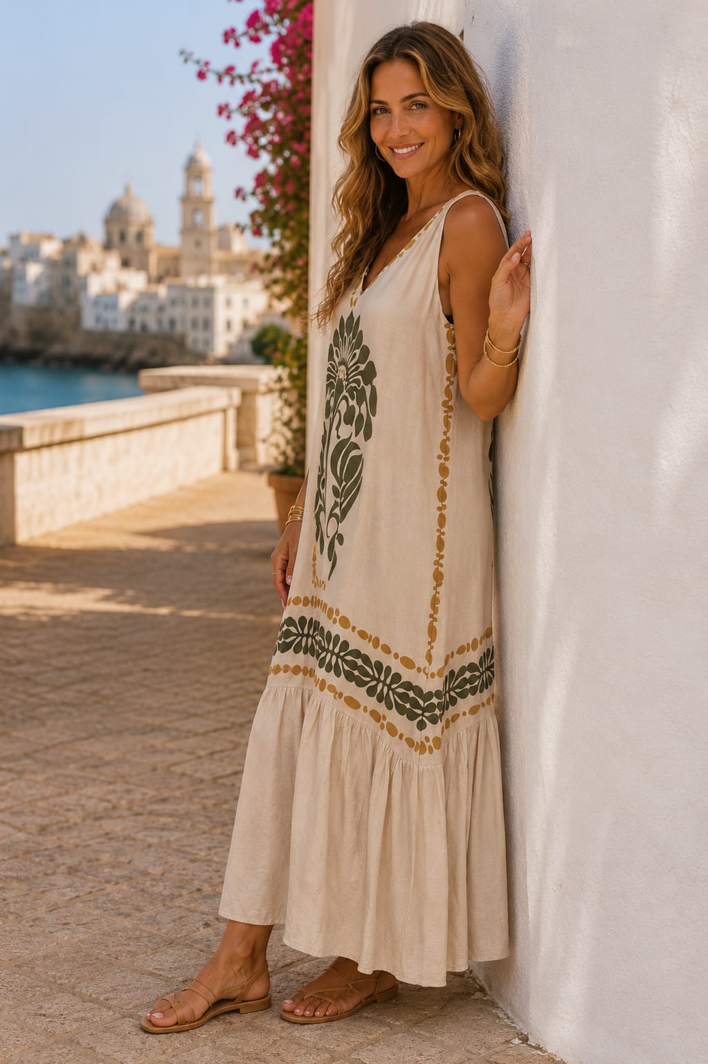 Vestido Capri. Beige, Mostaza y Vede Oscuro.