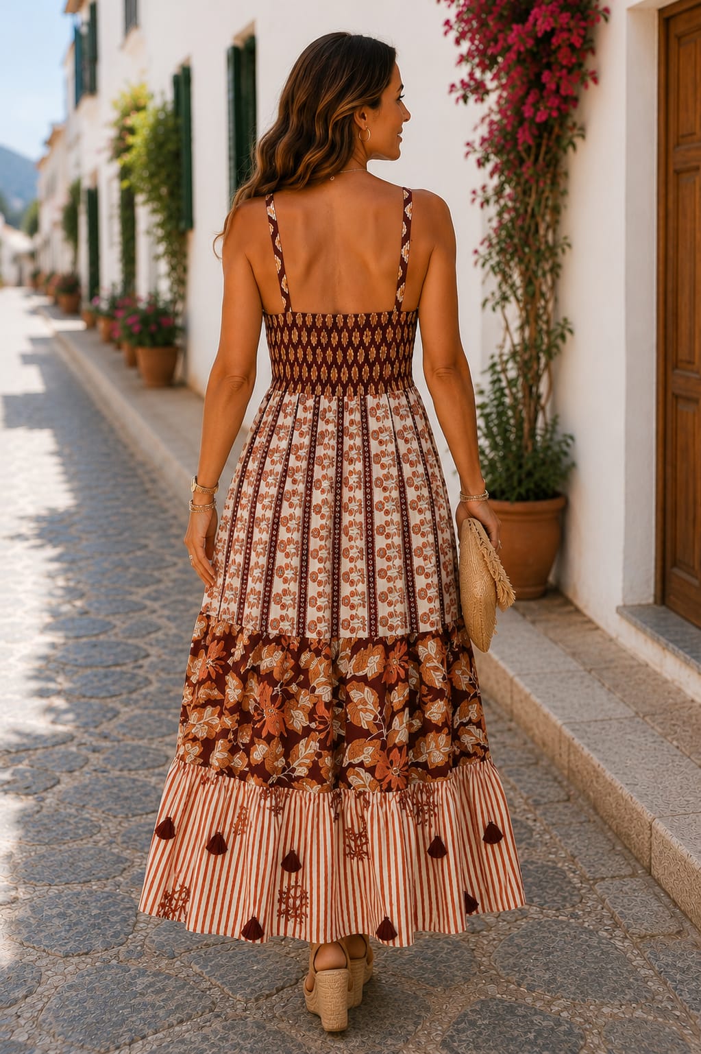 Vestido Margot. Marrón chocolate, Teja, Terracota, Beige y Crema.