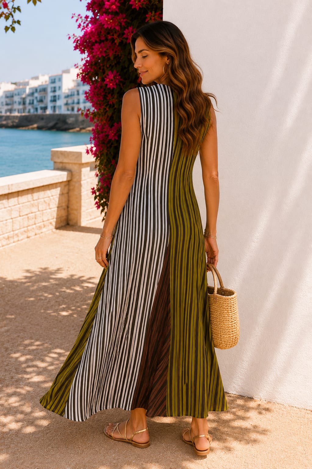 Vestido Leandra. Verde Oliva, Negro, Blanco roto, Marrón chocolate y pequeños toques teja.