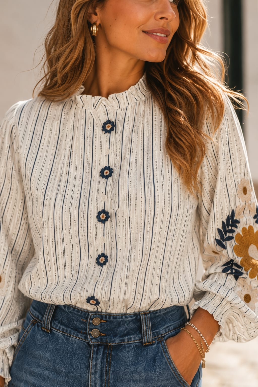 Camisa Bordada Chiara. Blanco roto / marfil, azul marino, mostaza y pequeños toques beige.