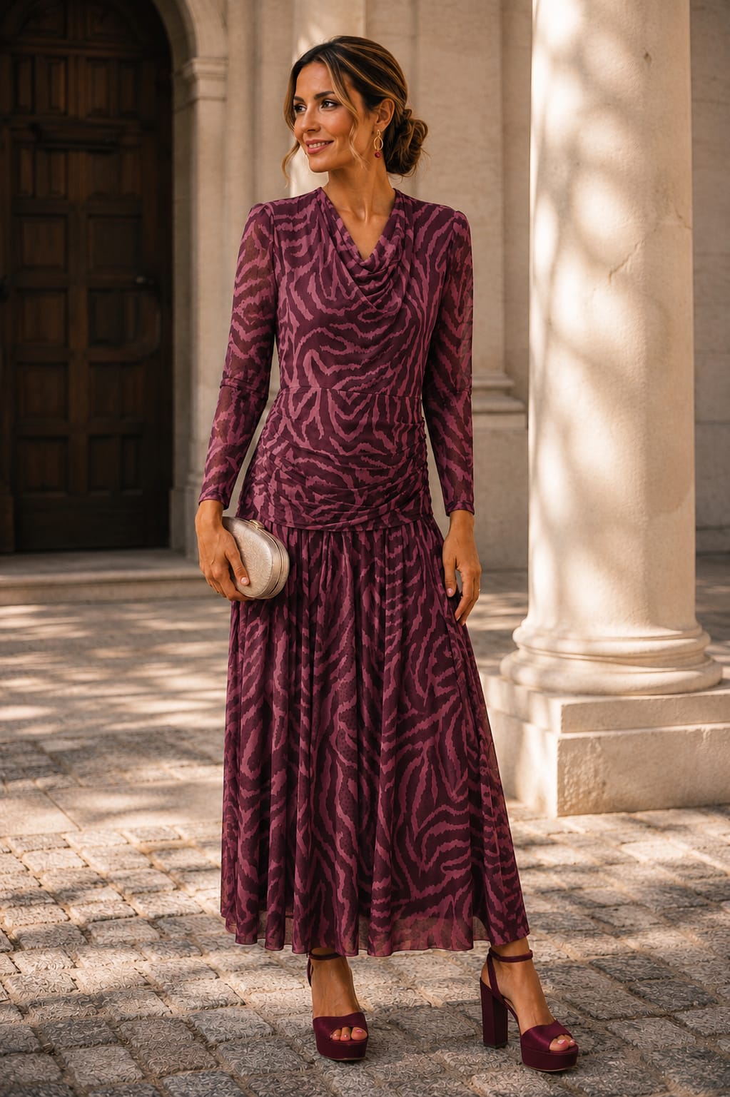 Vestido Elisa. Burdeos con Rosa malva.