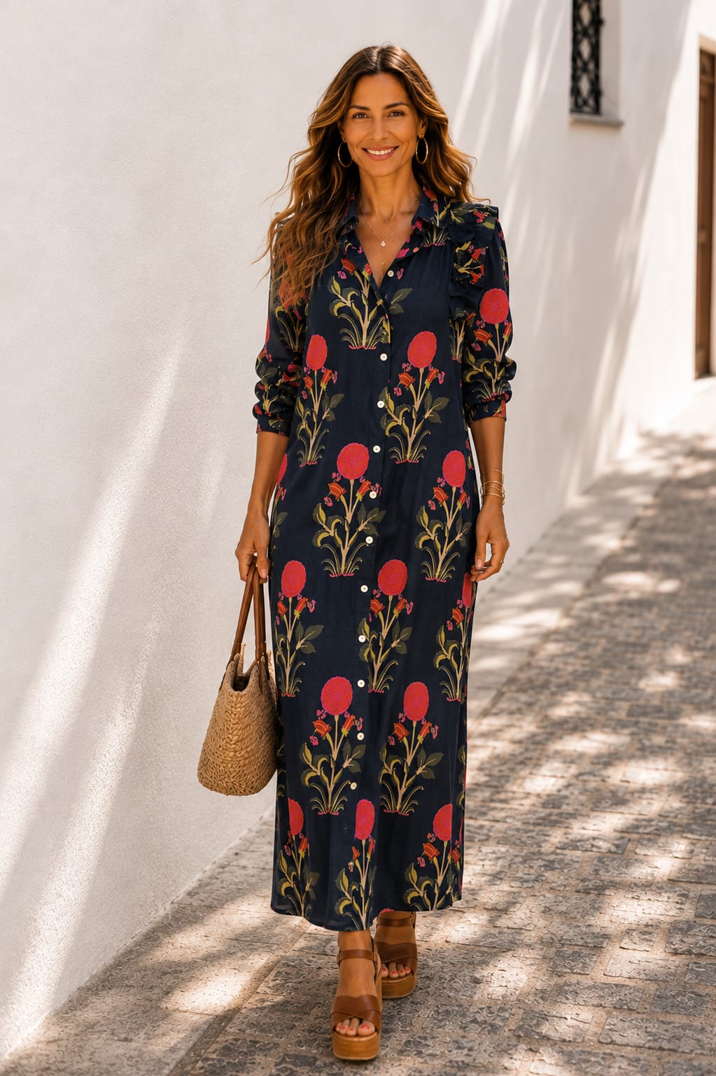Vestido Anisa. Azul marino, Rojo coral, Verde oliva y pequeños toques Mostaza.