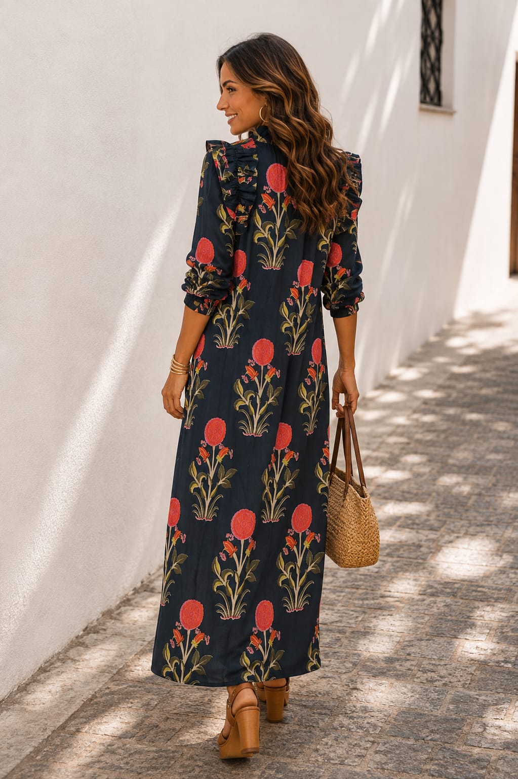 Vestido Anisa. Azul marino, Rojo coral, Verde oliva y pequeños toques Mostaza.