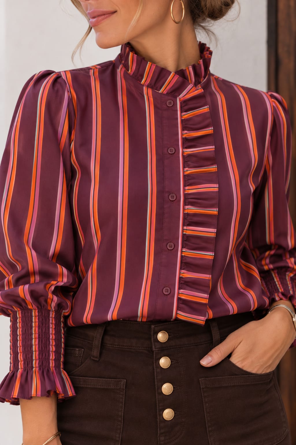 Camisa Minerva. Berenjena con rayas Naranja y Malva.