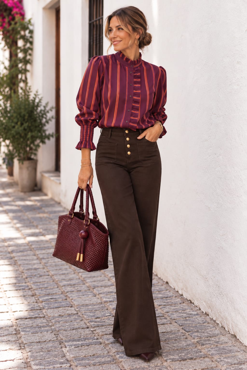 Camisa Minerva. Berenjena con rayas Naranja y Malva.