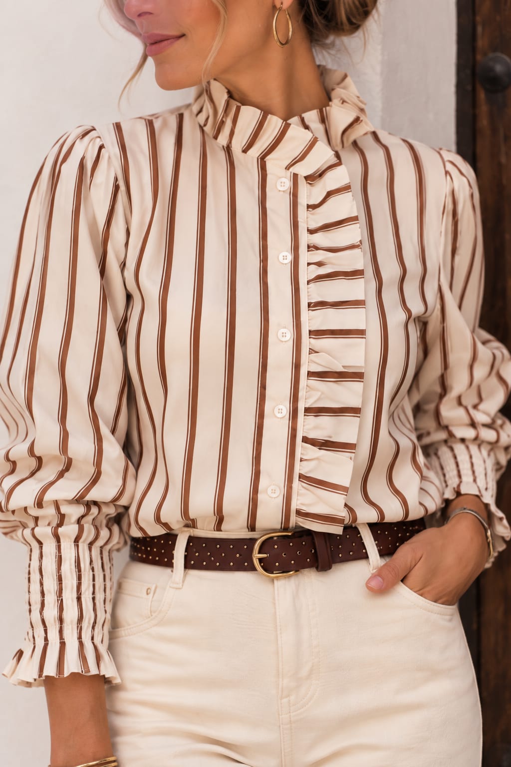 Camisa Minerva. Crema con Rayas Marrón y Camel.
