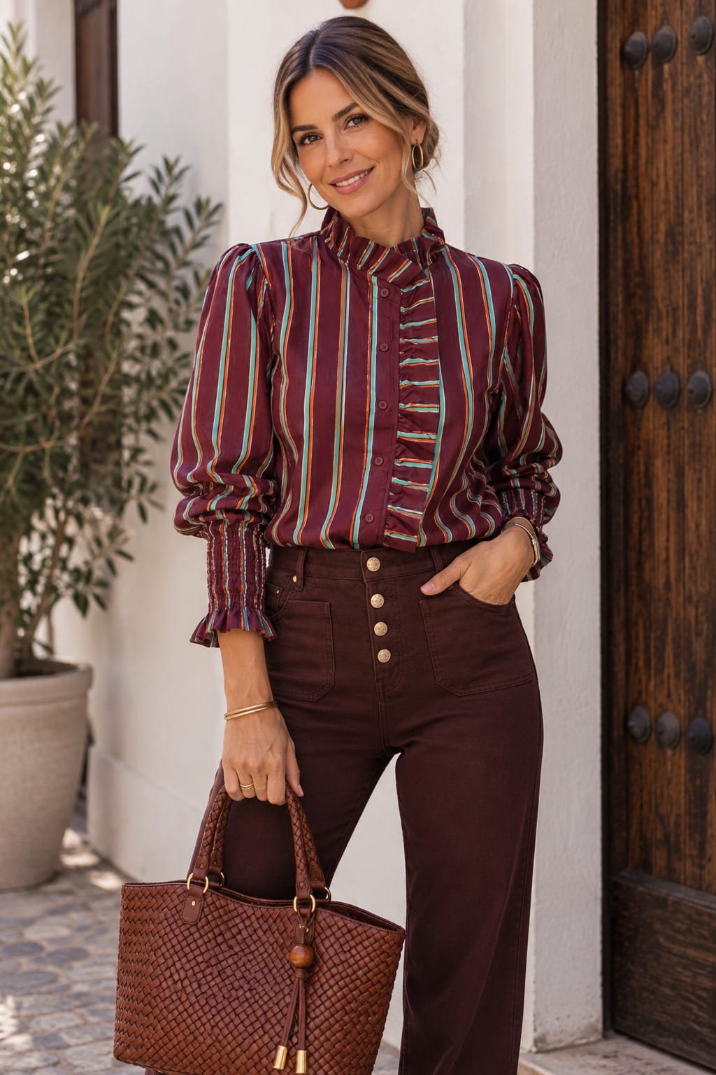 Camisa Minerva. Burdeos con Rayas Turquesa y Naranja.