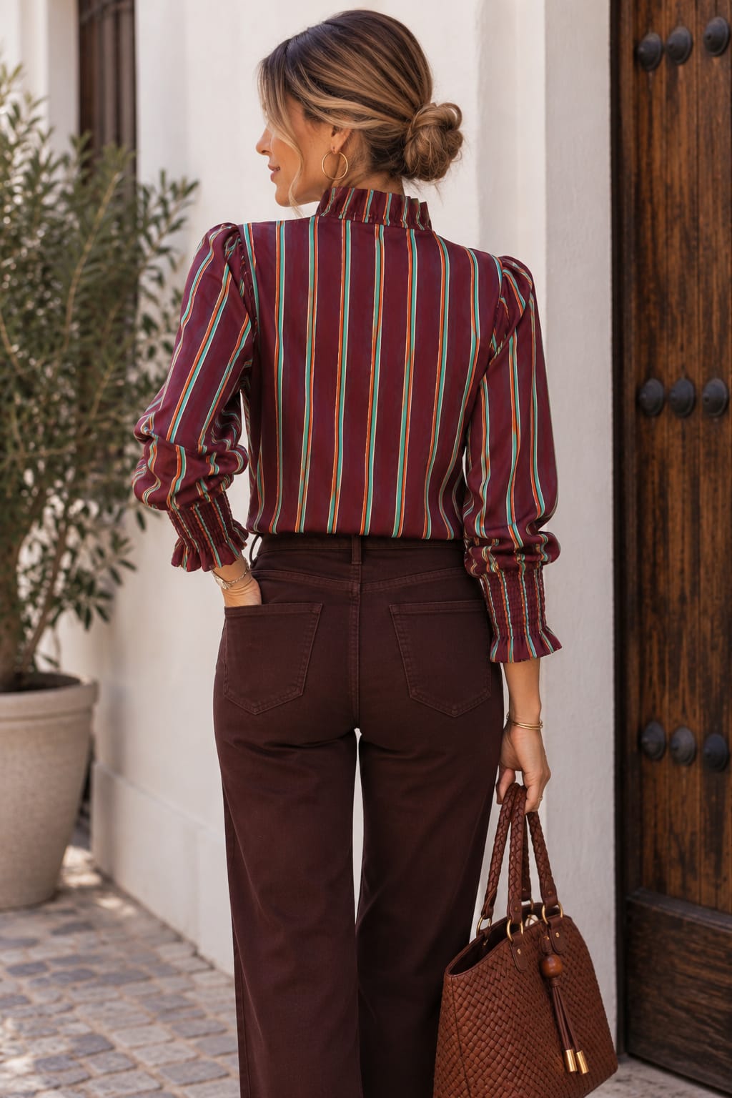 Camisa Minerva. Burdeos con Rayas Turquesa y Naranja.