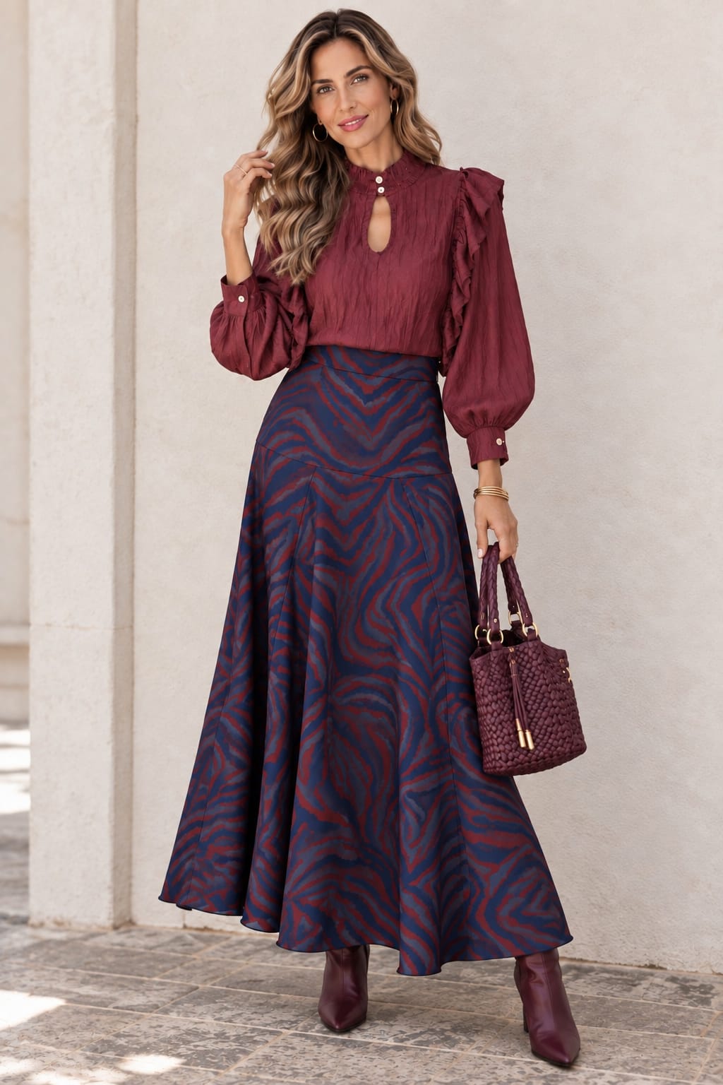 Falda Odette. Azul Marino con estampado animal en Burdeos y Vino.
