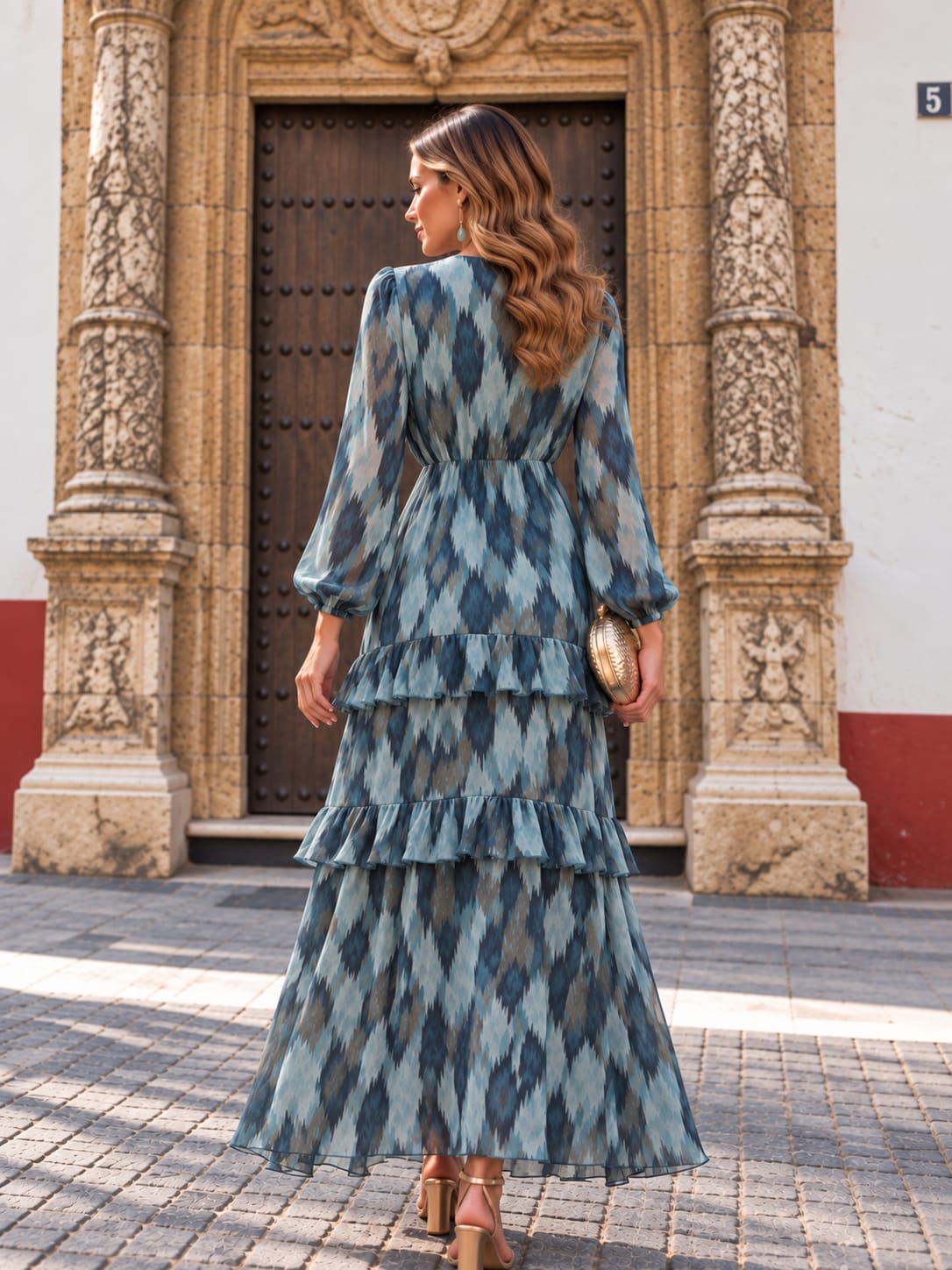 Vestido Mireia. Tonos Azules, Agua Marina y Camel.