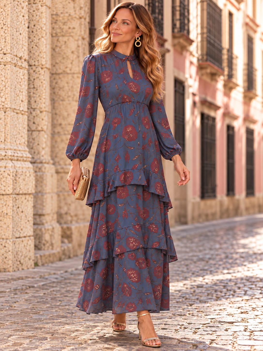 Vestido Allegra. Azul pizarra con estampado floral en tonos Burdeos, Teja y pequeños matices tostados.
