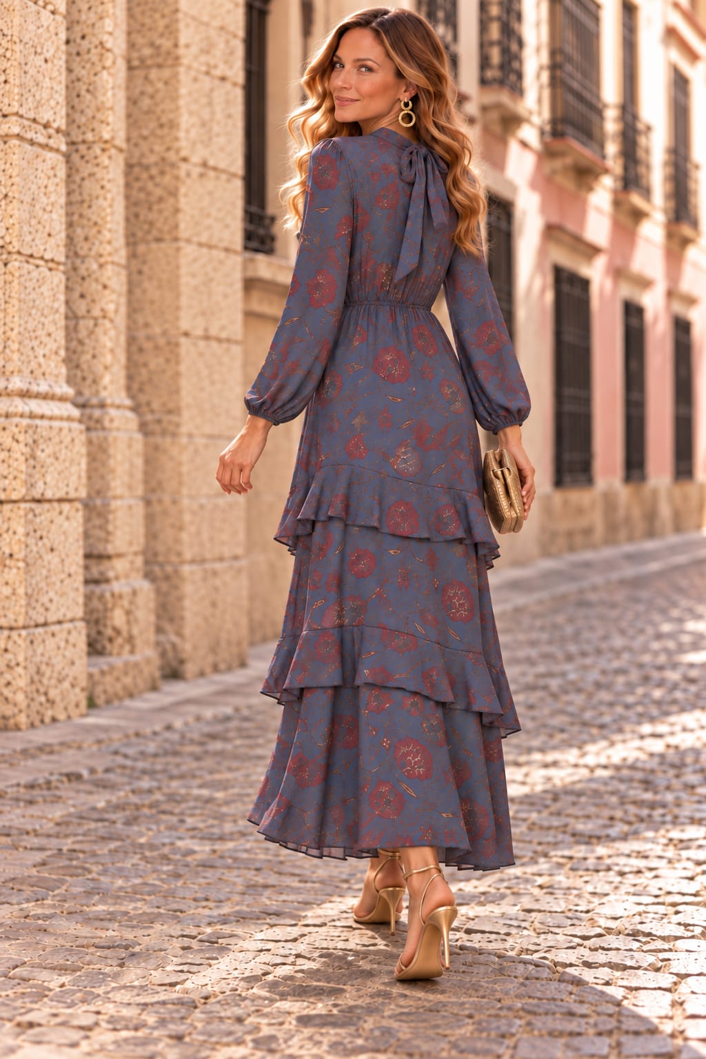 Vestido Allegra. Azul pizarra con estampado floral en tonos Burdeos, Teja y pequeños matices tostados.