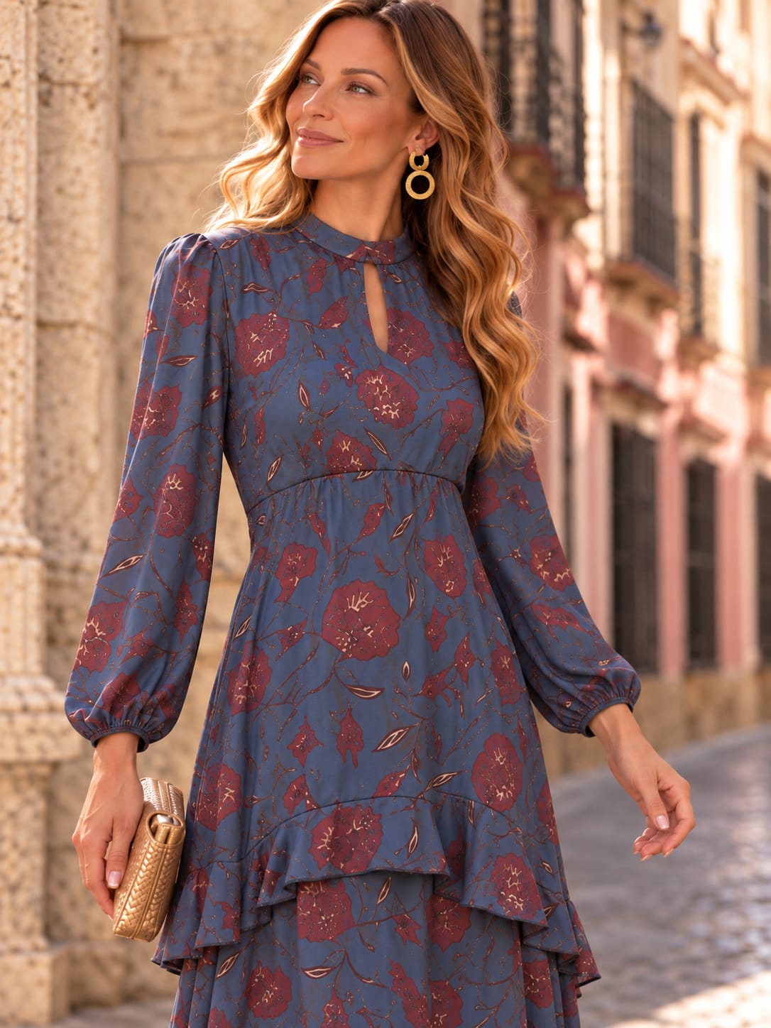 Vestido Allegra. Azul pizarra con estampado floral en tonos Burdeos, Teja y pequeños matices tostados.