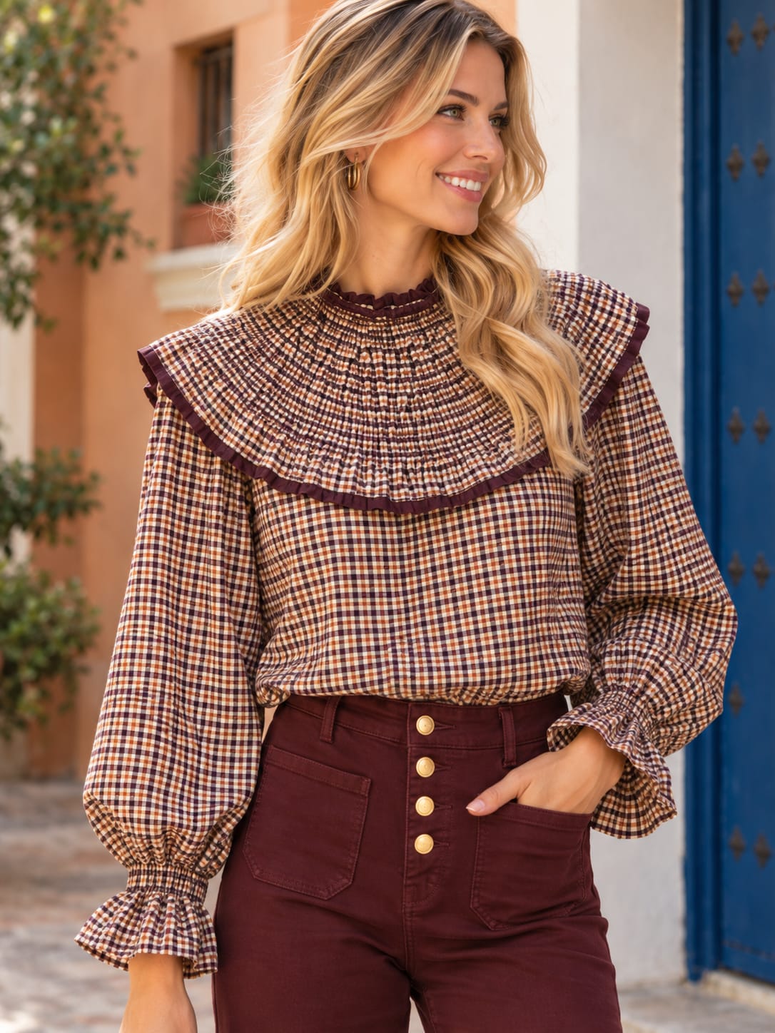 Camisa Ginevra. Cuadro Vichy multicolor en tonos Burdeos.
