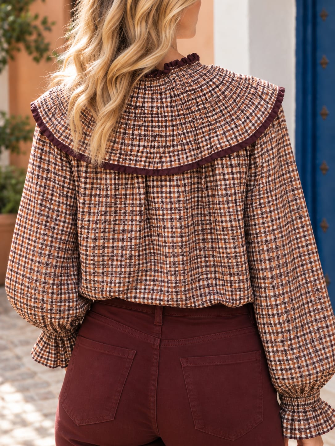 Camisa Ginevra. Cuadro Vichy multicolor en tonos Burdeos.