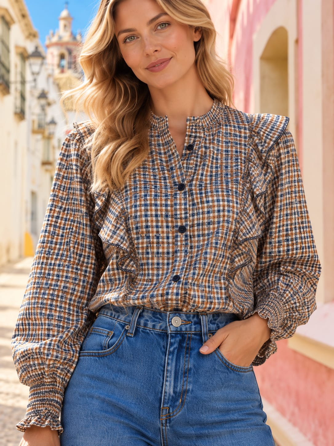 Camisa Cuadros Vichy Beatrice. Azul denim, Camel, Marrón Chocolate y crudo.