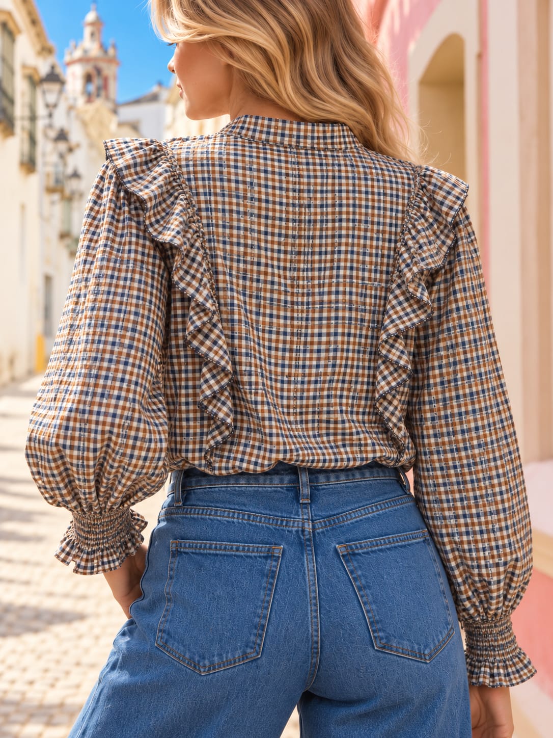 Camisa Cuadros Vichy Beatrice. Azul denim, Camel, Marrón Chocolate y crudo.