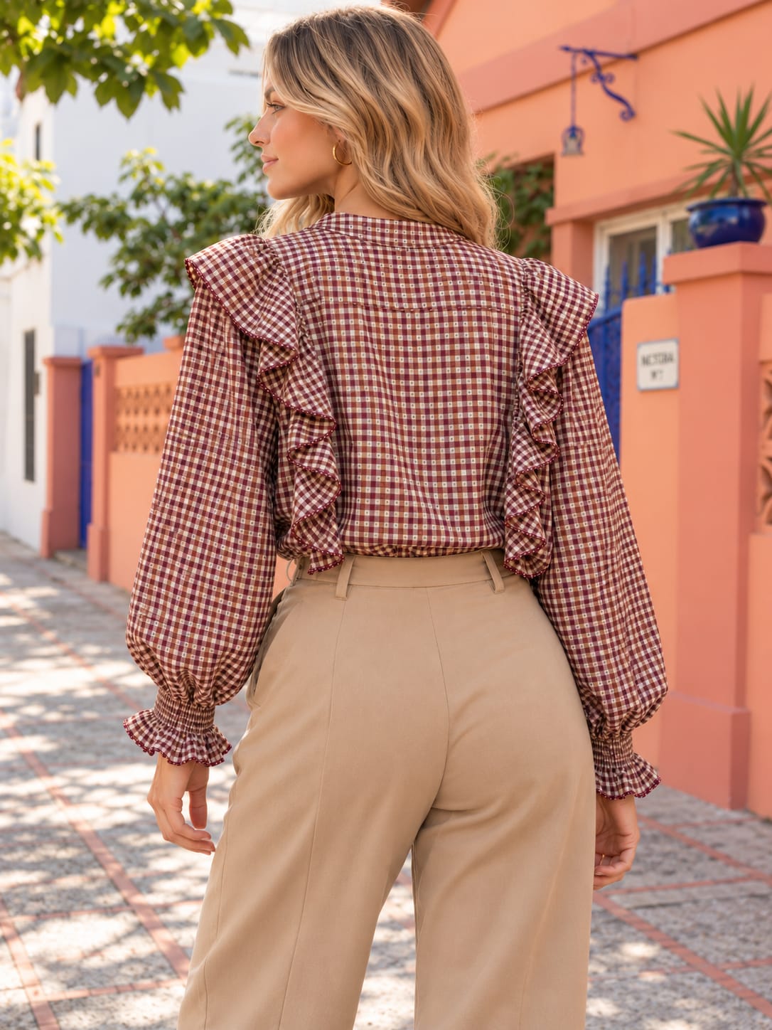 Camisa Cuadros Vichy Beatrice. Berenjena, Burdeos, Camel y crudo.