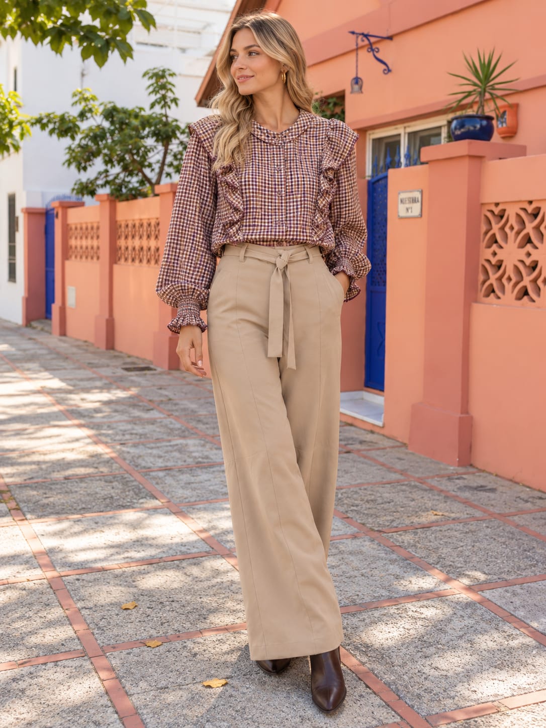 Camisa Cuadros Vichy Beatrice. Berenjena, Burdeos, Camel y crudo.