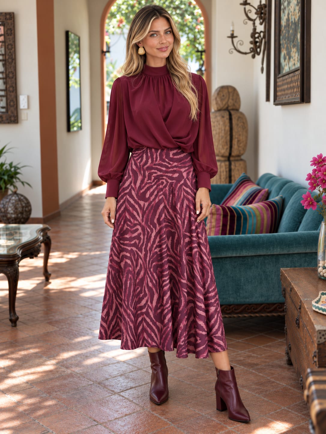 Falda Odette. Estampado animal Burdeos y Rosa.
