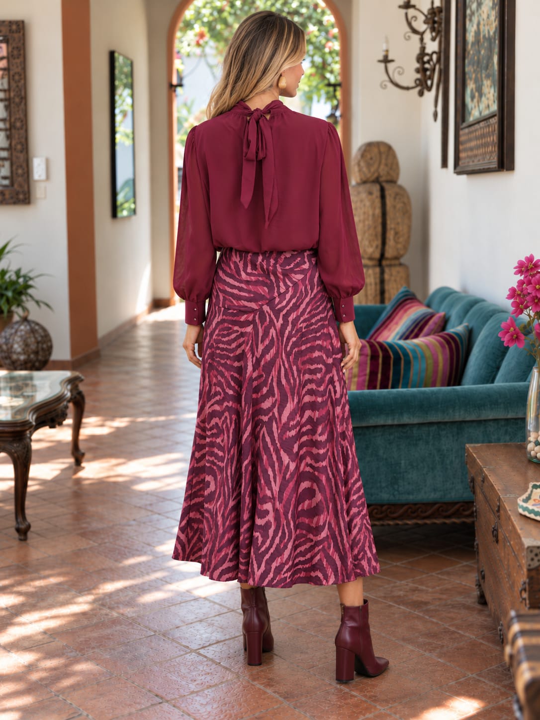 Falda Odette. Estampado animal Burdeos y Rosa.