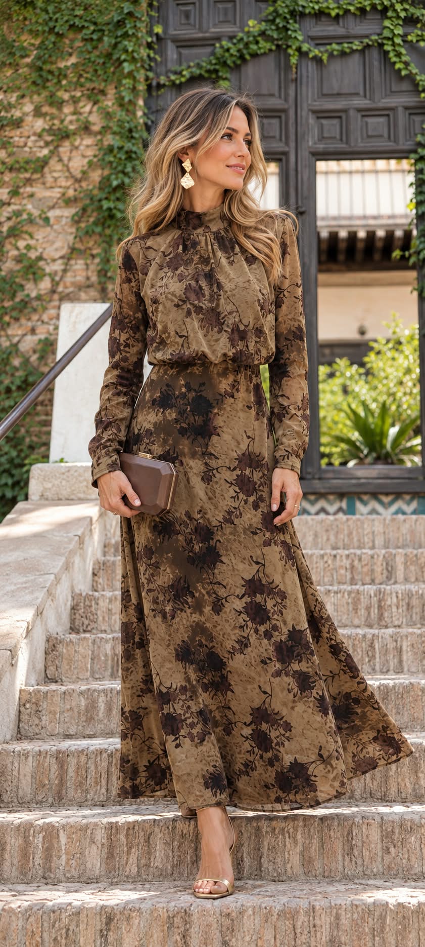 Vestido Arianna. Marrón Topo con estampado floral en tonos chocolate y marrón. Efecto terciopelo.