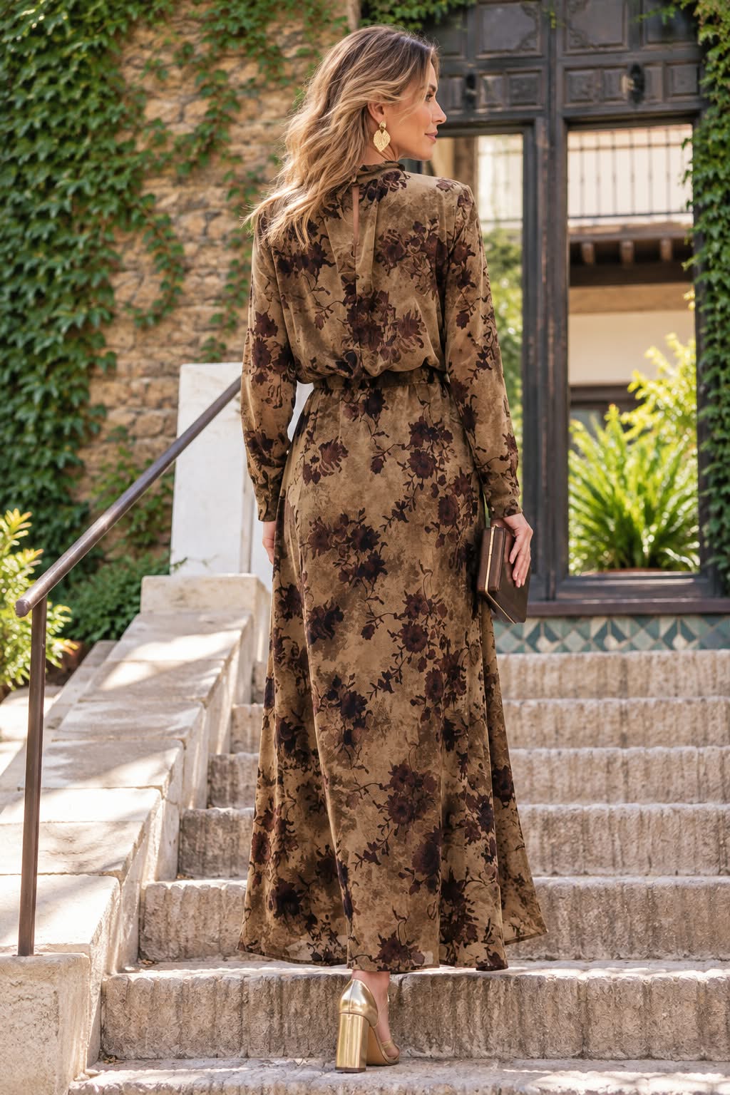 Vestido Arianna. Marrón Topo con estampado floral en tonos chocolate y marrón. Efecto terciopelo.