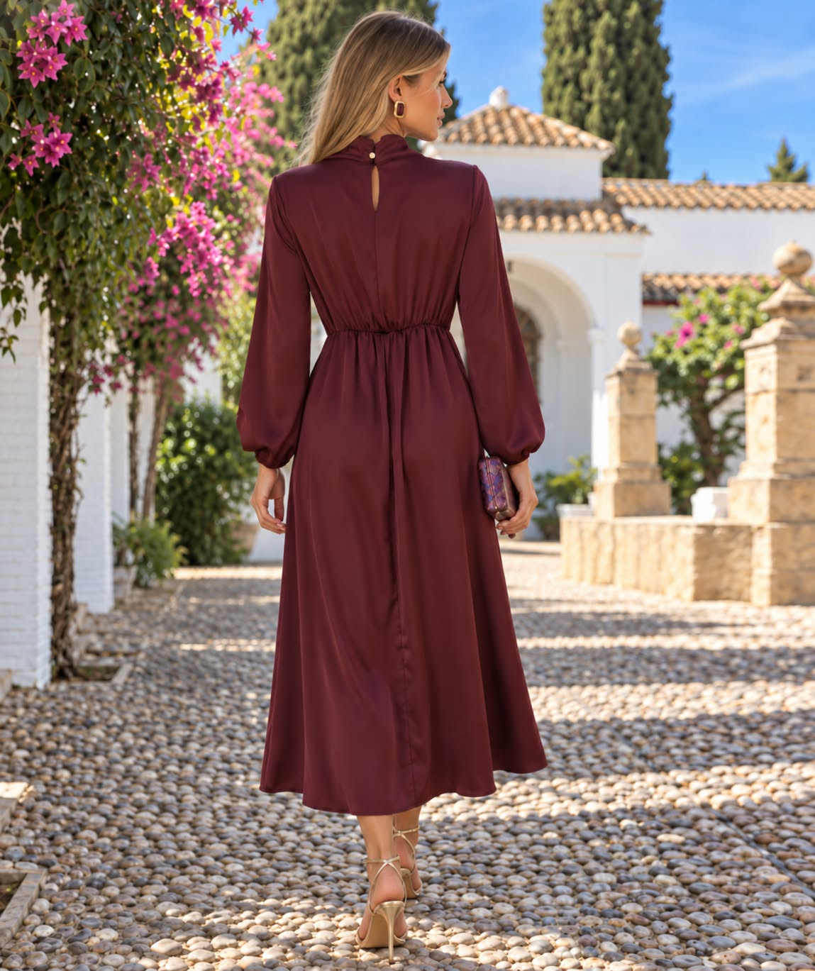 Vestido efecto Satén Eleonora. Burdeos.