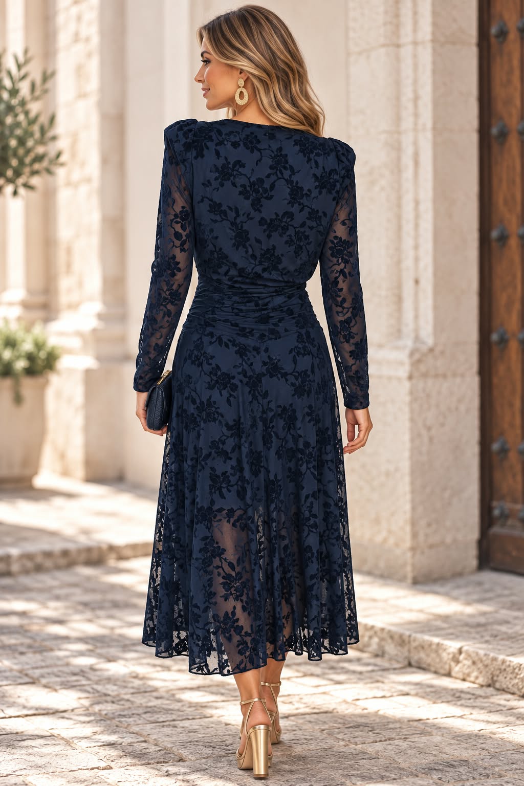 Vestido Brocado Efecto Terciopelo Serena. Azul Marino.