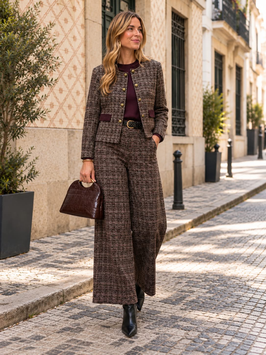 Chaqueta Flavia. Marrón con mezcla de Burdeos, Beige y Negro.