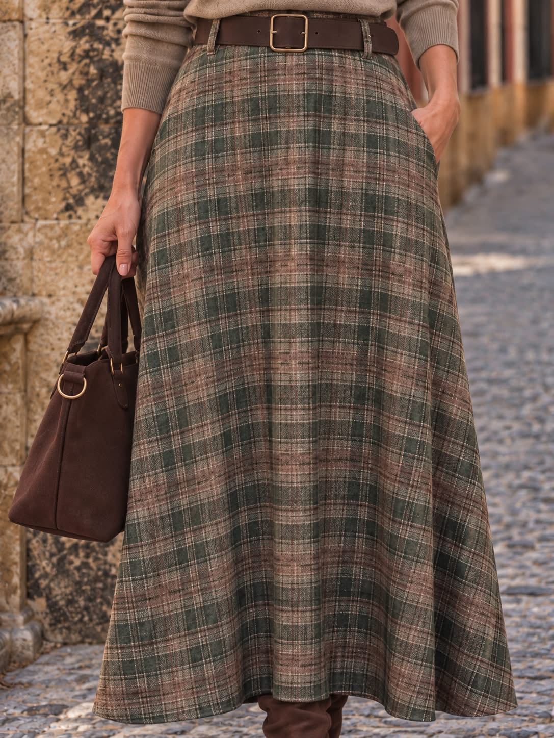 Falda Mariella. Verde Oliva, Beige y Marrón.